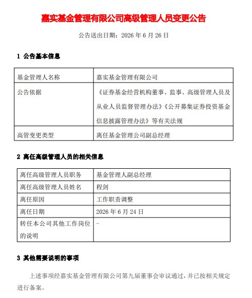 嘉实基金副总经理程剑因工作职责调整离任